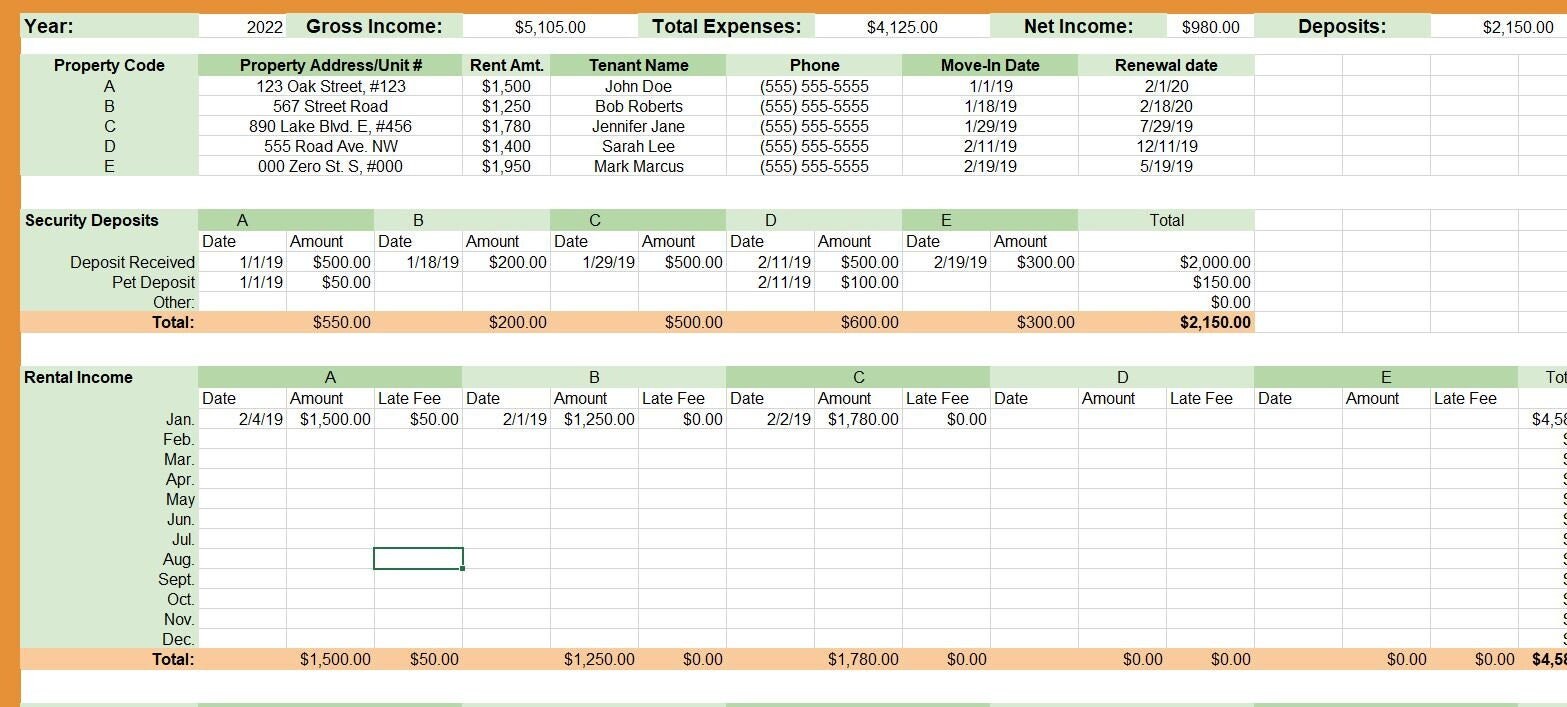 Landlords Excel Template Rental and Expense Tracker Rental