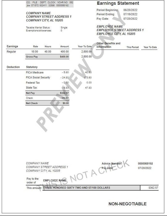 Paystub Pay Stubs PDF Earnings Statement Check Stub Etsy