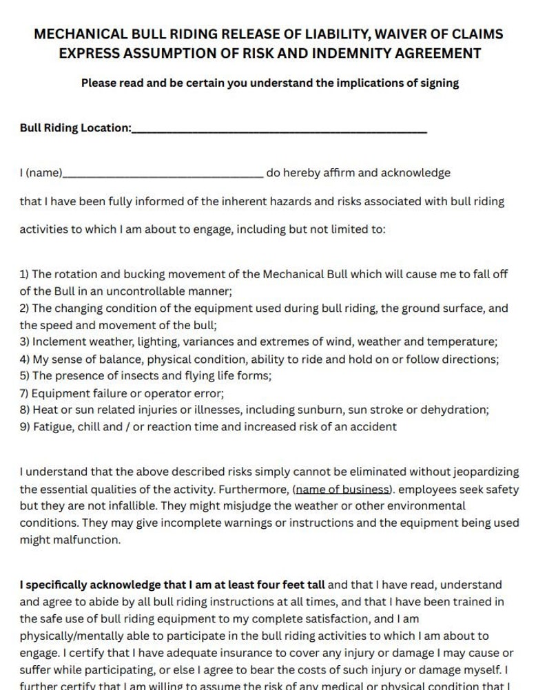 Mechanical Bull Liability Waiver Form Rodeo Bull Liability Etsy
