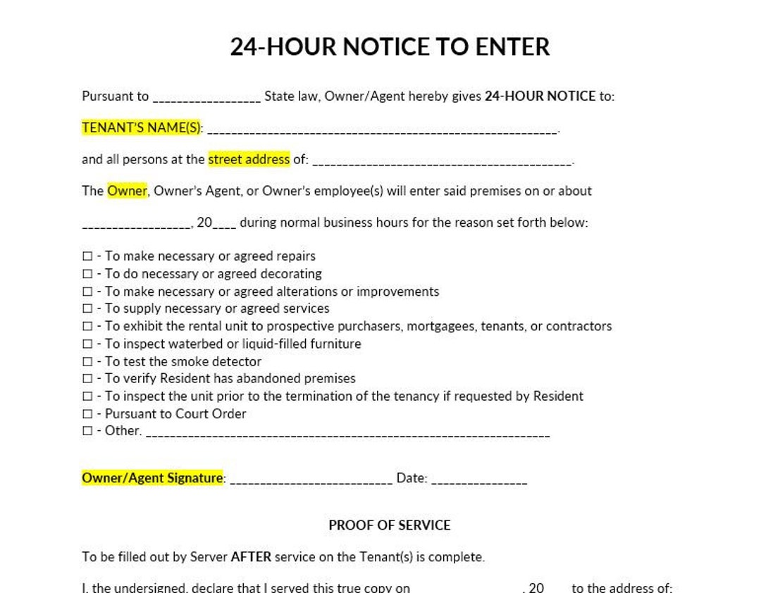 24hour Notice to Enter Premises Etsy