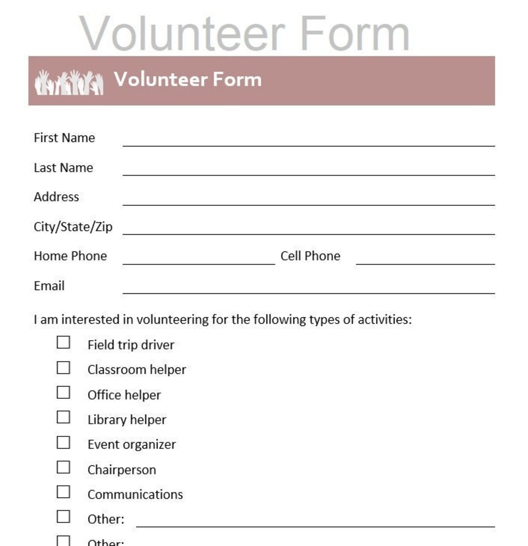 INSTANT DOWNLOAD Printable PTO or Pta Volunteer Interest Form 8.5x11 ...