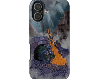 Funda para móvil con diseño de tortuga y hoguera: Ilustración artística de una escena nocturna melancólica.