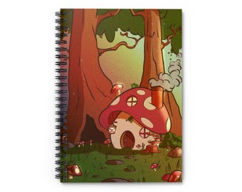 Cuaderno espiral Mushroom Cottage – Ilustración de un bosque caprichoso.
