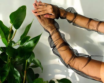 Halloween Gift, Black Long Fingerless Party Gloves, Black Tulle Gloves, Costume Gloves, Halloween Ornament,