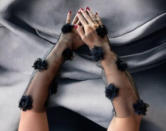 Halloween costumes, Halloween gloves, Black tulle gloves, Flower Gloves, Short sheer gloves, Party gloves, Black bridal gloves, Costumes
