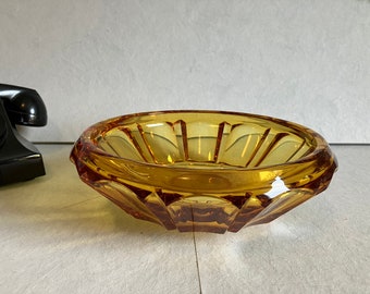 Vintage amber kleurige glazen schaal, dik glas