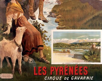 France, Pyrenees Mountains Vintage French Travel Poster as a Digital image Download