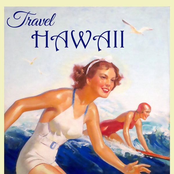 USA, Visit Hawaii Enjoy the Surf Vintage Travel Poster as a Digital image Download