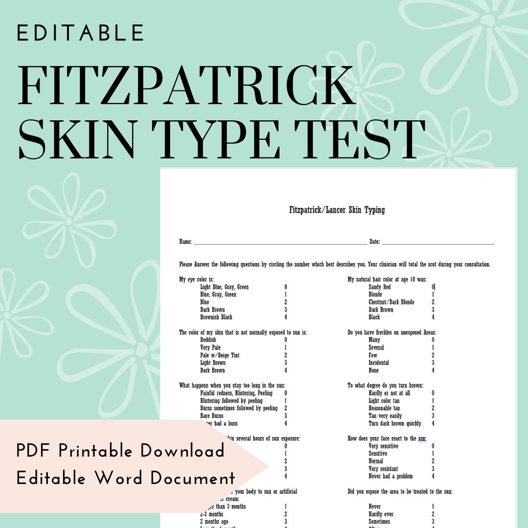 Printable Fitzpatrick Skin Type Test for Estheticians, Esthetician