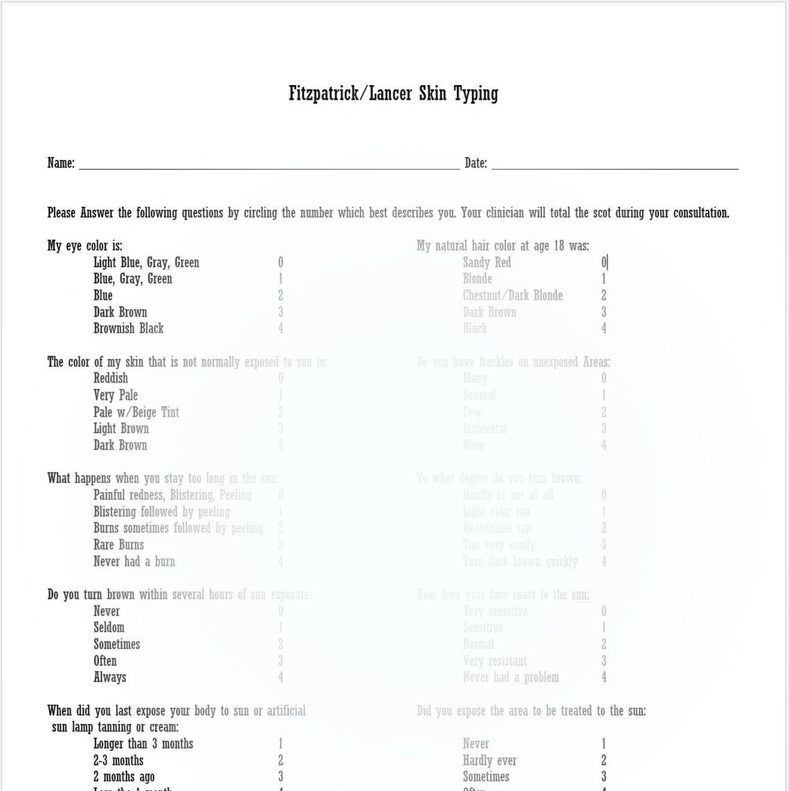 Printable Fitzpatrick Skin Type Test Etsy