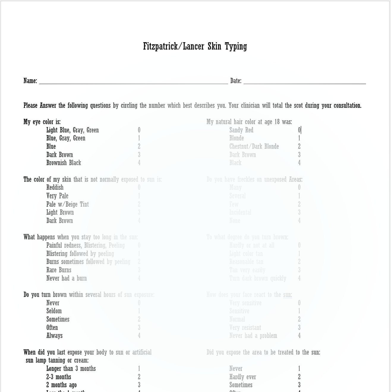 Printable Fitzpatrick Skin Type Test Etsy UK