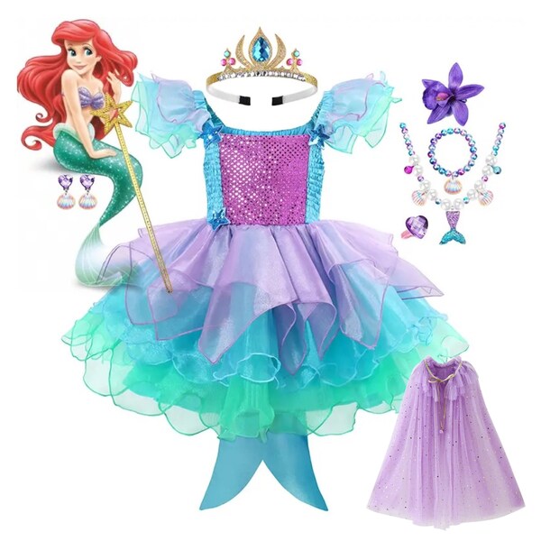 Disney Girls Cosplay nueva sirena princesa Ariel disfraz niños capas tul tutú vestido fiesta cumpleaños lentejuelas sirena ropa niñas pequeñas