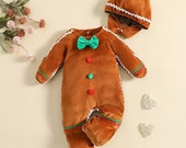 Gingerbread Man Baby 2pcs Christmas Autumn Winter Baby Girls Boys Romper 0-18M Colorful Ball Bowknot Long Sleeve Velvet Jumpsuit Hats