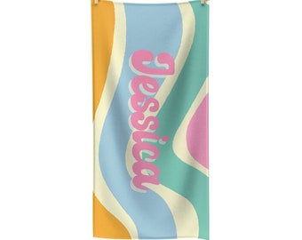 Serviette de plage personnalisée RÉTRO, serviette avec prénom personnalisé, serviettes de piscine personnalisées, cadeau de vacances à la plage, serviette de festival, cadeaux de voyage entre filles