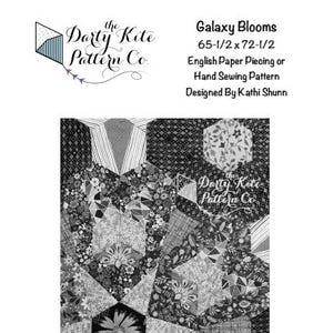 May include: Black and white quilt pattern titled "Galaxy Blooms" by The Darty Kite Pattern Co. The pattern is 65.5 x 72.5 inches and designed by Kathi Shunn. It is for English paper piecing or hand sewing.