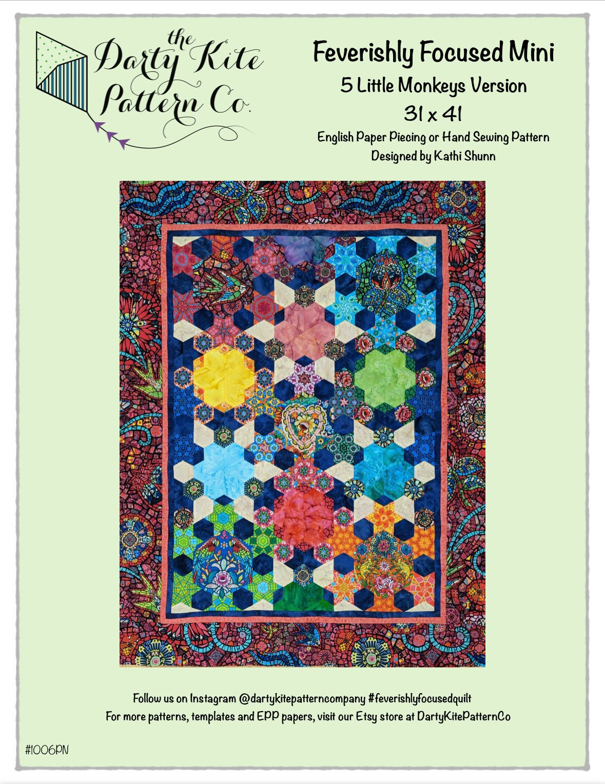 Five Little Monkey's version of our Feverishly Focused Quilt PDF Pattern  for EPP or Hand Piecing, image size:1179x1526