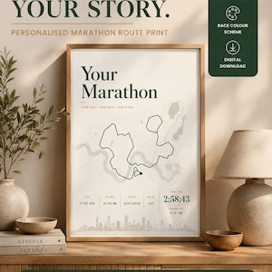 May include: A framed vertical poster featuring a minimalist map of a marathon route with the text "Your Marathon" and "Your race. Your pace. Your story." It includes data fields for date, distance, athlete name, bib number, and a finish time of 2:58:43.