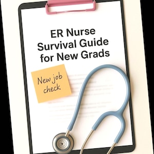 Peut inclure: Un presse-papiers avec une pince rose tenant un papier blanc avec le texte "ER Nurse Survival Guide for New Grads". Un stéthoscope bleu clair et un post-it jaune avec "New job check" sont également visibles.