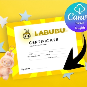 Digitale Labubu Geburtsurkunde & Wallart Bearbeitbare und personalisierte Canva-Vorlage 11 x 8,5 Zoll Glück Gelb