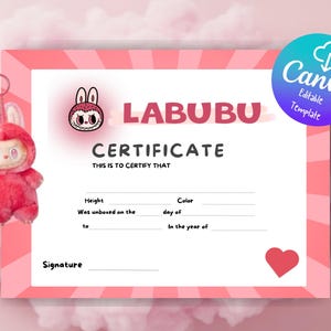 Certificado de nacimiento digital Labubu y plantilla de lienzo personalizable y editable de 11 x 8,5 pulgadas AMOR