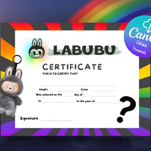 Certificado de nacimiento digital Labubu y plantilla de lienzo personalizable y editable de 11 x 8,5 pulgadas SECRET
