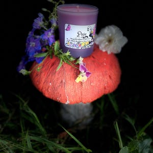 K&ouml;nnte beinhalten: Eine lila Kerze in einem Glasbeh&auml;lter mit dem Wort "Pixie" auf dem Etikett, steht auf einem roten Pilz. Die Kerze ist von lila und wei&szlig;en Blumen und gr&uuml;nem Gras umgeben. Das Kerzenetikett hat eine Schmetterlingsgrafik.