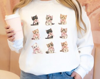 Coquette Sweatshirt Cute Kittens and Bows, Trendy Cat Lover Crewneck Sweatshirt, Cat Owner Gift, Cat Lover Gift, Cat Mom Gift