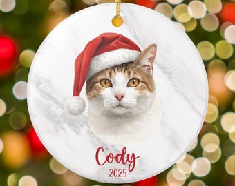May include: A round Christmas ornament featuring a cat wearing a Santa hat. The cat has brown and white fur and yellow eyes. The ornament has a marble-like background and the name "Cody" and the year "2025" in red script.
