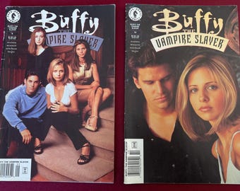 May include: Two comic books featuring the title "Buffy the Vampire Slayer." One cover shows a group of people, the other features two people. The comics have the Dark Horse Comics logo.