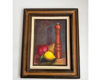 VTG 70's Still Life Oil Painting Original Fruit & Pepper Mill Framed 10x14 Art
