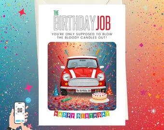 Tarjeta de cumpleaños de The Birthday Job: cita de Michael Caine inspirada en la película con opción de código QR