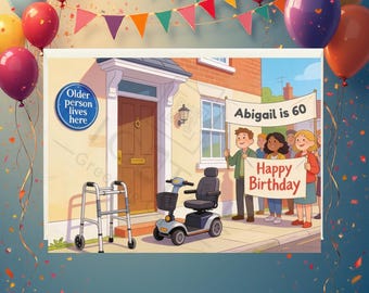 Tarjeta de cumpleaños divertida para personas mayores: tarjeta con la inscripción "Aquí vive una persona mayor" y una placa azul conmemorativa.