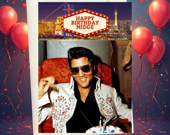 Tarjeta de cumpleaños personalizada de Elvis: estilo Las Vegas