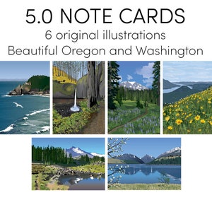 Notitiekaarten! Schilderachtige illustraties kust van Oregon Columbia Gorge Bergen Watervallen Mt Jefferson Wallowa Lake natuur Landschap Oregon