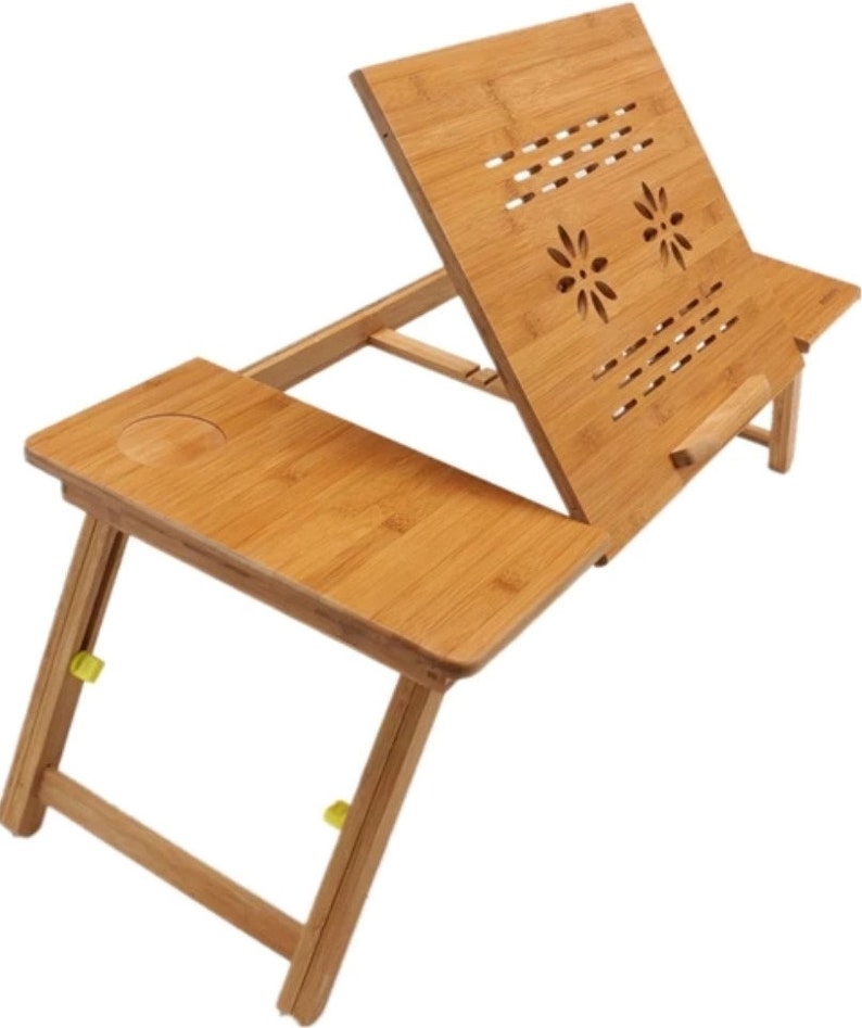 Jättestort knäbord i bambu med USB-fläkt. Bärbart sängbord med vinklingsbar topp. bild 7