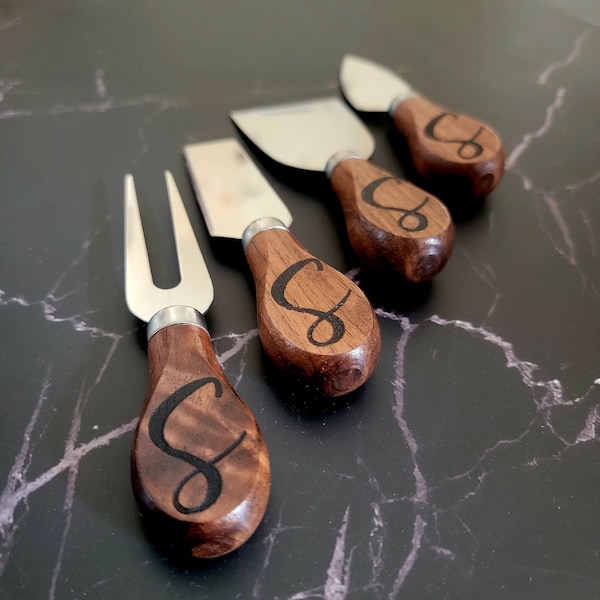 Personalized Walnut Cheese Knife Set. Engraved Charcuterie Knives, Party Favors.