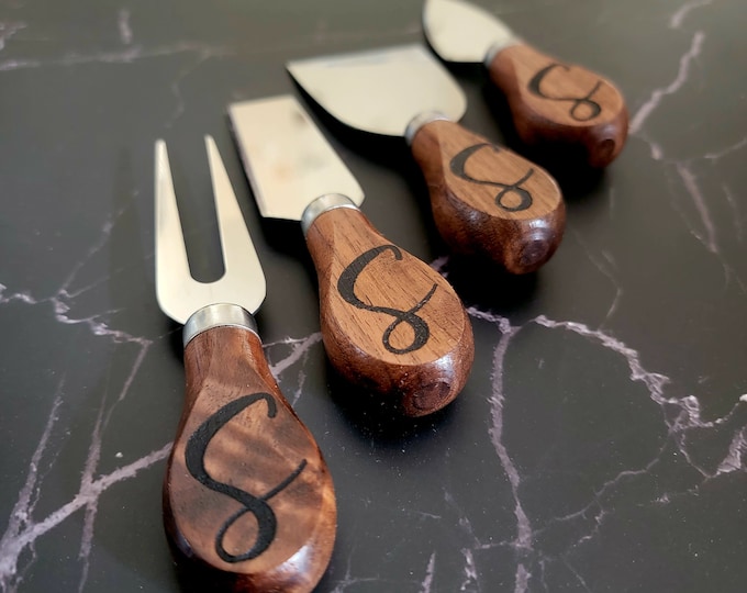 Cheese Knife Set in Walnut Wood Handles. Engraved Charcuterie Knives, Party Favors.