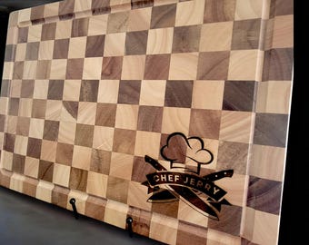 Handmade Checkered Cutting Board. Wooden End Grain Butcher Block.