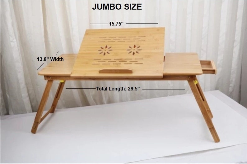 Jättestort knäbord i bambu med USB-fläkt. Bärbart sängbord med vinklingsbar topp. bild 2
