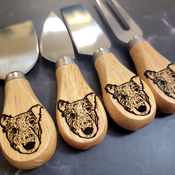 Pet Lovers Gift. Engraved Dog Face, Human Face Cheese Knife Set. Personalized Cheese Knives. Unique Gift, Valentine's Gift, Corporate Gift