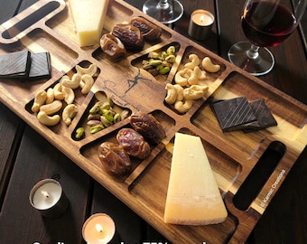 Charcuterie Board with Compartments & Handle. Engraved Grazing Platter, Cheese Board.