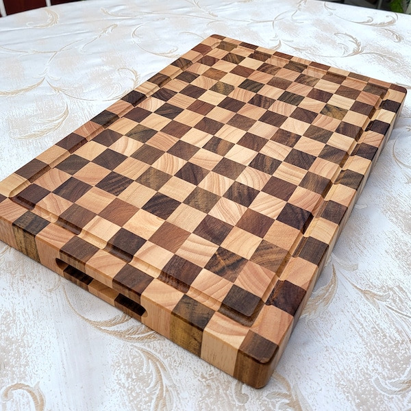 Kitchen Checkered Cutting Board, Butcher Block for BBQ, Meat Cutting Board, End Grain Board. Wedding Gift, Gift for Mom, Housewarming Gift.