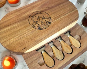Personalized Charcuterie Board Set with Cheese Knives, Acacia & Oak Wood Engraved Cheeseboard