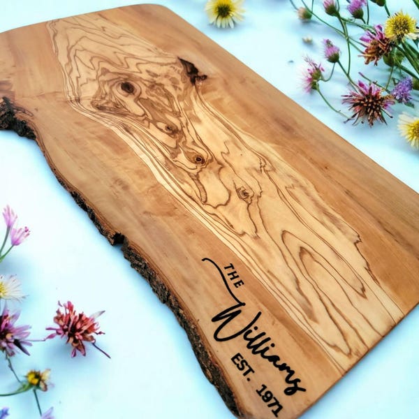 Personalized Olive Wood Cutting Board. Rustic Live Edge Cheese Charcuterie Board.