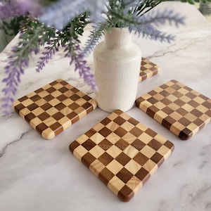 Checkered Coaster Set. Handmade Wooden Check Pattern Coffee Table Coasters, Bar coasters. Housewarming Gift, Gift for Dad, Corporate Gift.