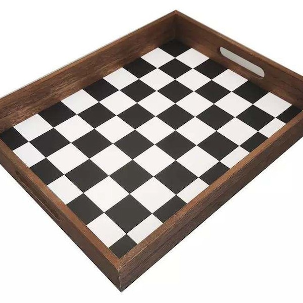 Checkered Tray, Wooden Serving Tray With Handles, Ottoman Tray, Coffee Table Tray. Rustic, Farmhouse, Check Pattern Tray, Housewarming Gift.