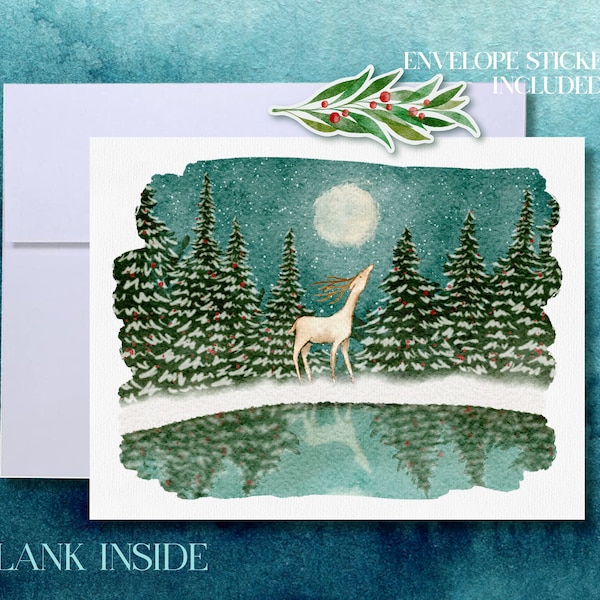 Deer Moon Snowy Landscape Winter Holiday Card | Blank Inside | A2 Greeting Card | Envelope Included | Watercolor Peaceful Snow Holiday Card