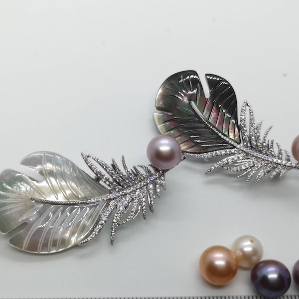 Mother of pearl feather brooch pendant necklace, pearl brooch, diamond brooch, feather brooch pendant, elegant brooch, wedding gift for her