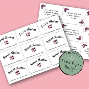 May include: Two sheets of white cards with the text "Secret Mission" and illustrations of a bride and groom. The cards have various prompts in German. A green circle with the text "Sams Paper Design" is in the bottom right corner.