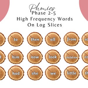 May include: A set of 18 wooden log slices with high frequency words written on them. The words are: a, to, then, all, from, some, dad, him, now, look, children, come, I, had, she, we, little, there.